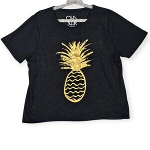 Chaser T-Shirt - Women's Large - Gold Pineapple Graphic - Black Linen Blend NWT